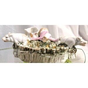 Antique c1890 German Dresden Match Striker Holder Lady Catching Pig Porcelain